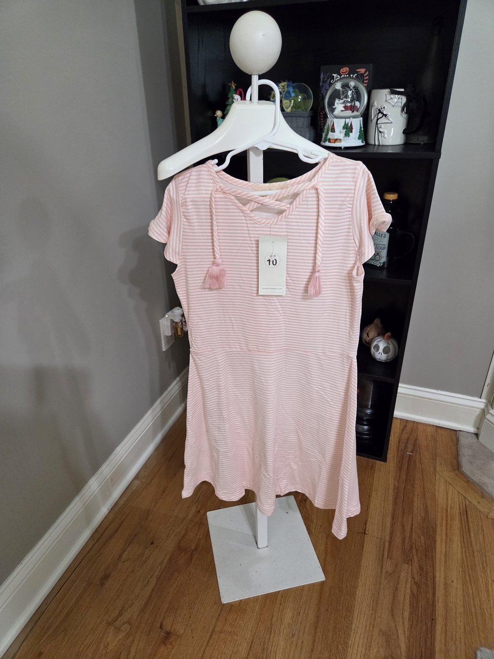 btween Pink Striped Tassel Tie Casual Dress